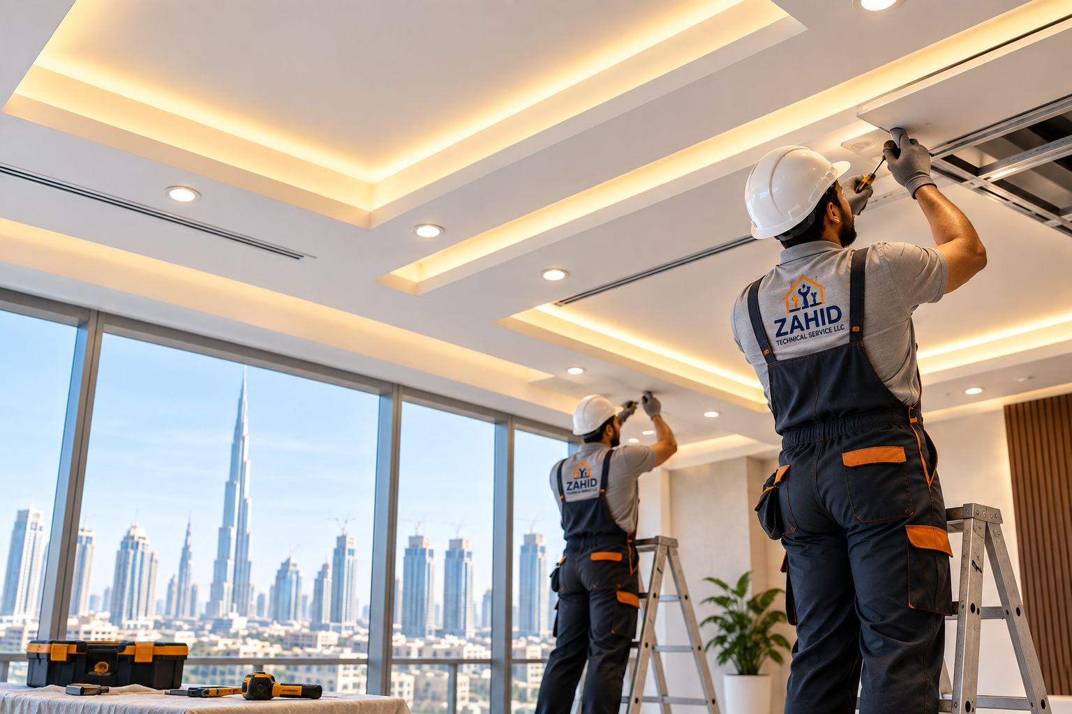 False ceiling installation team at work in Dubai